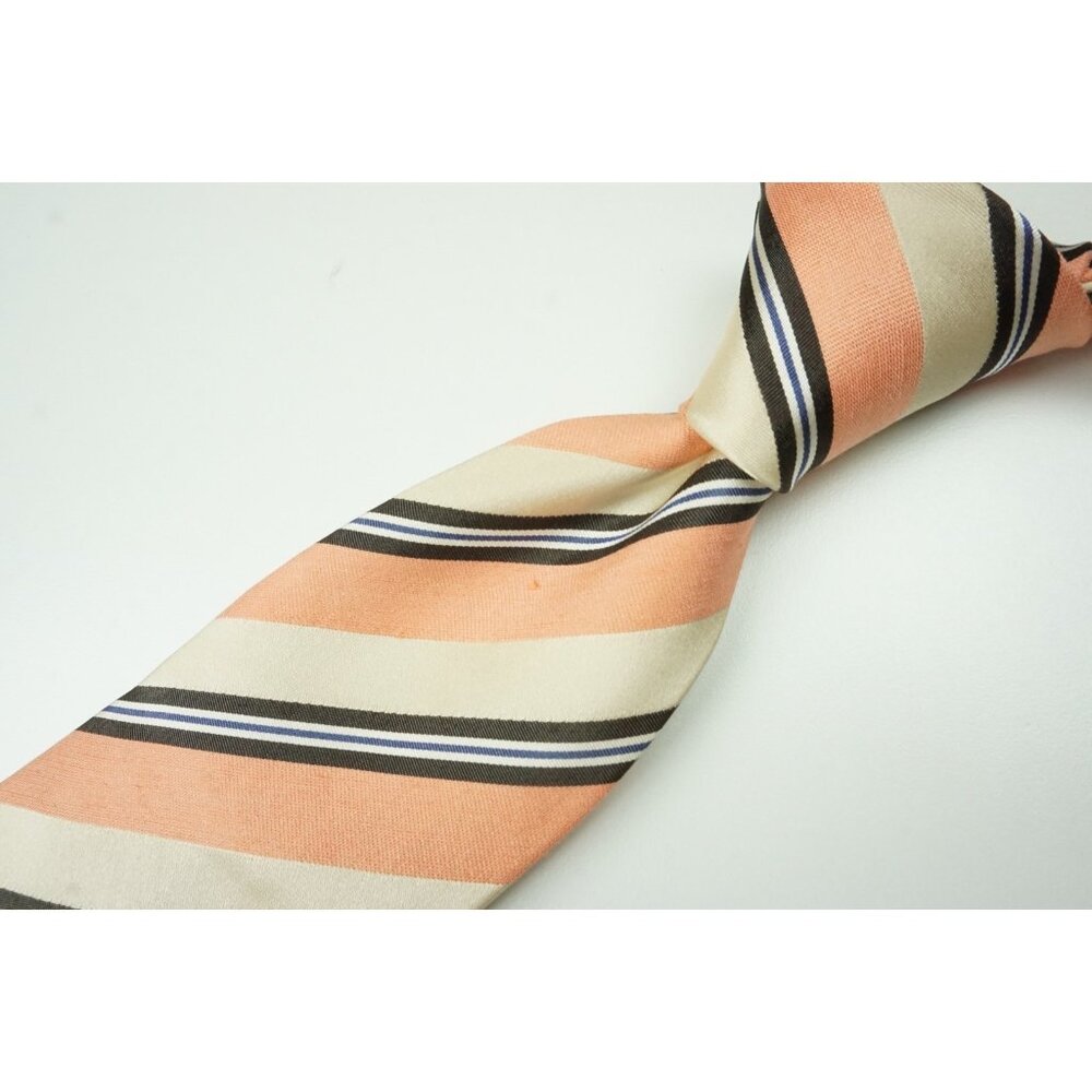Kiton Salmon Blush Blck Blue Striped Seven Fold Silk Linen Tie Made in Italy NEW